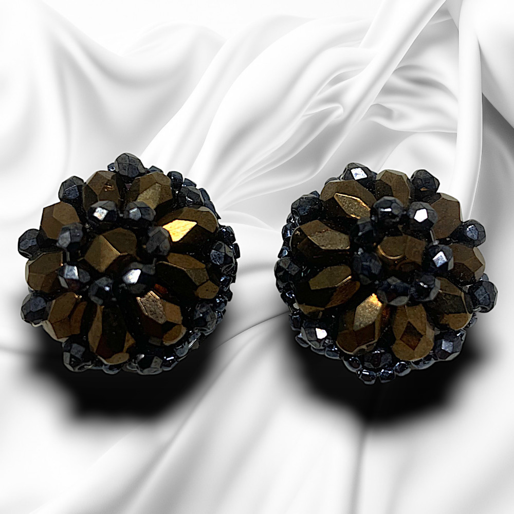 Vintage 1980's Jet Black & Bronze Beaded Cluster Earrings LC Clip On Couture